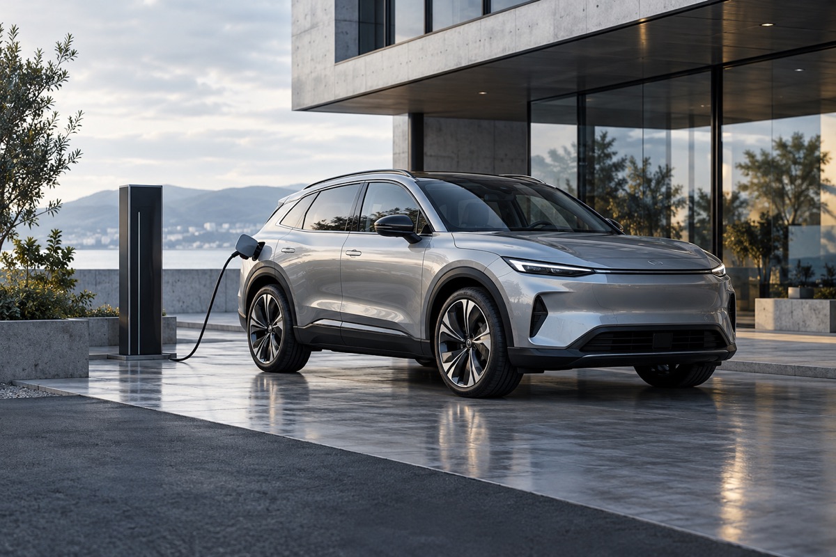 Electric vehicle beside a charging station
